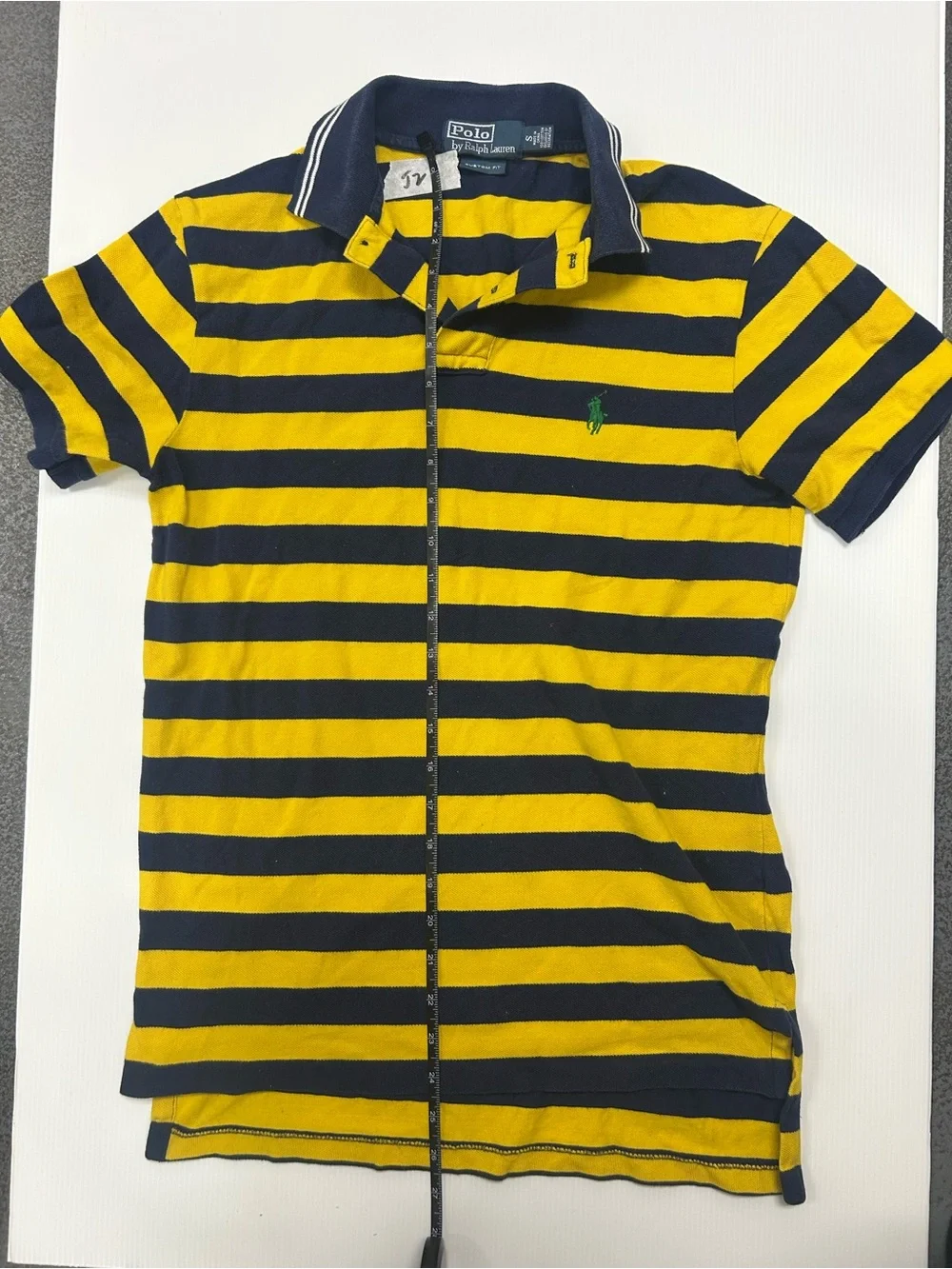 Ralph Lauren Yellow and Navy Striped Polo Shirt Tipped Collar